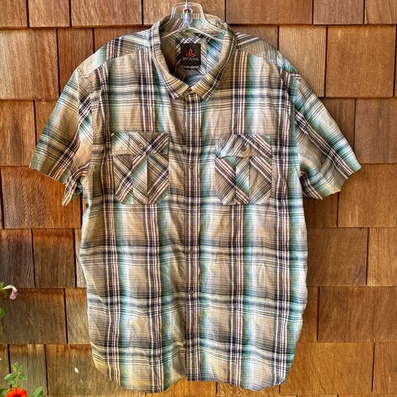 EUC Prana Brown Plaid Short Sleeve Organic Cotton Button Front Shirt - Men's XXL - Picture 1 of 8